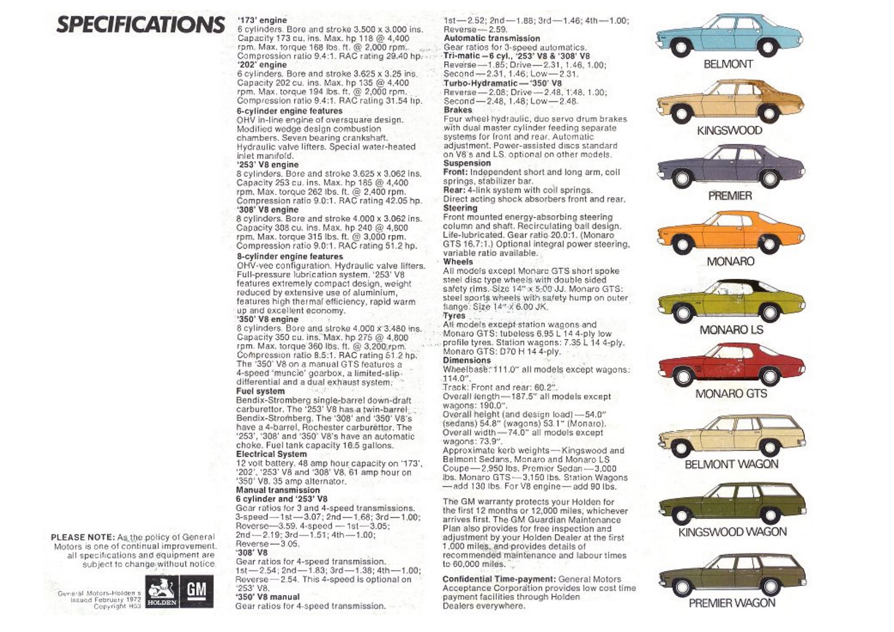 1973 Holden HQ Specifications Brochure Page 3